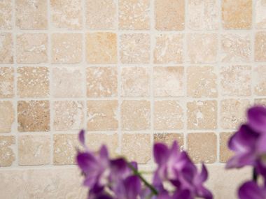 Les éléments de la mosaïque Travertin varient du beige au marron pour un rendu harmonieux Des fleurs violettes en premier plan devant la mosaïque en travertin