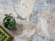 Terrasse avec dalles en travertin Silver et objet de déco vert, photographiés depuis le haut