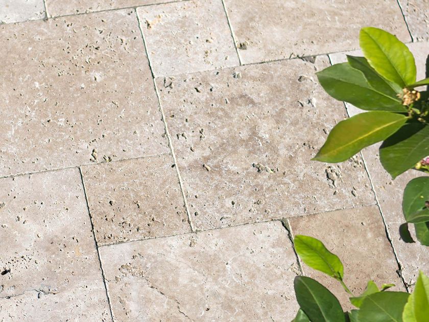Le sol extérieur en travertin Medium vu de près et une branche 