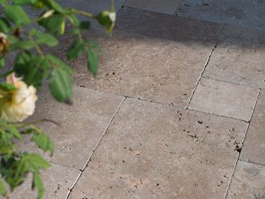 Le soleil de fin d'après-midi se reflète sur le sol de la terrasse, roses en premier plan