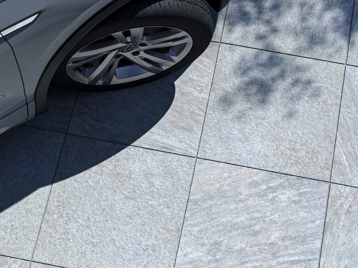 Le dallage Classic Grey 3 cm est de qualité et supporte des charges importantes Dallage en grès cérame imitation pierre Classic Grey et voiture