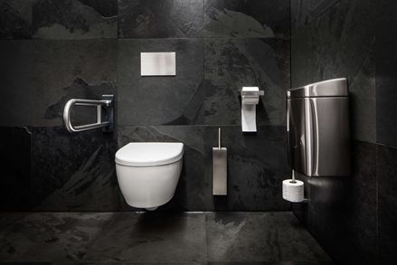 Des toilettes dans lesquels sont posés des carreaux d'ardoise Mustang au sol comme au mur