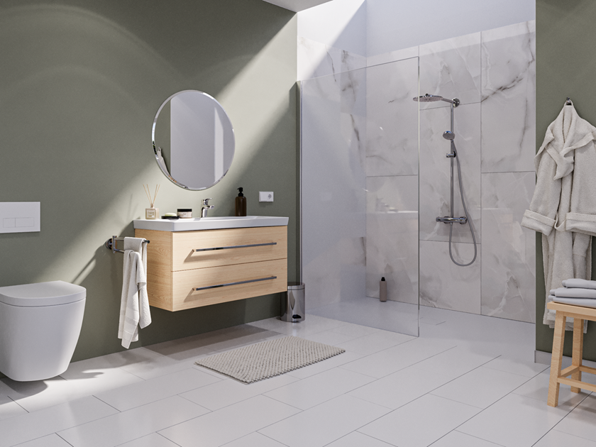 Carrelage imitation marbre Perla Crema dans la salle de bains et la douche