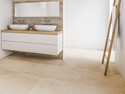 Le carrelage Urban Beige en combinaison avec le carrelage Country Oak dans la salle de bain