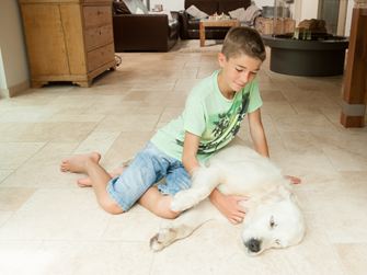 Un garçon et un chien sur le sol en travertin Light, en opus romain